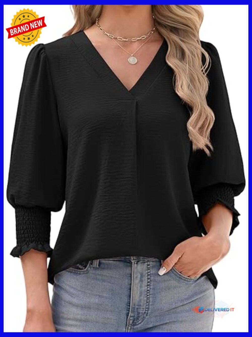 3/4 Sleeve V Neck Blouse Smocked Cuffs Loose Fit Dressy Casual Work Shirt